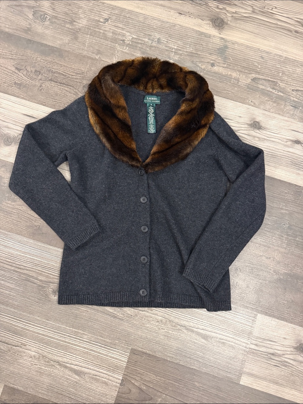 Lauren Ralph Lauren Charcoal Cardigan with Brown Fur Collar Medium
